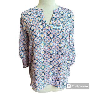 Pink Rose Size Medium Geo Floral 3/4 Sleeve Blouse Top Tunic Pink Blue Colorful